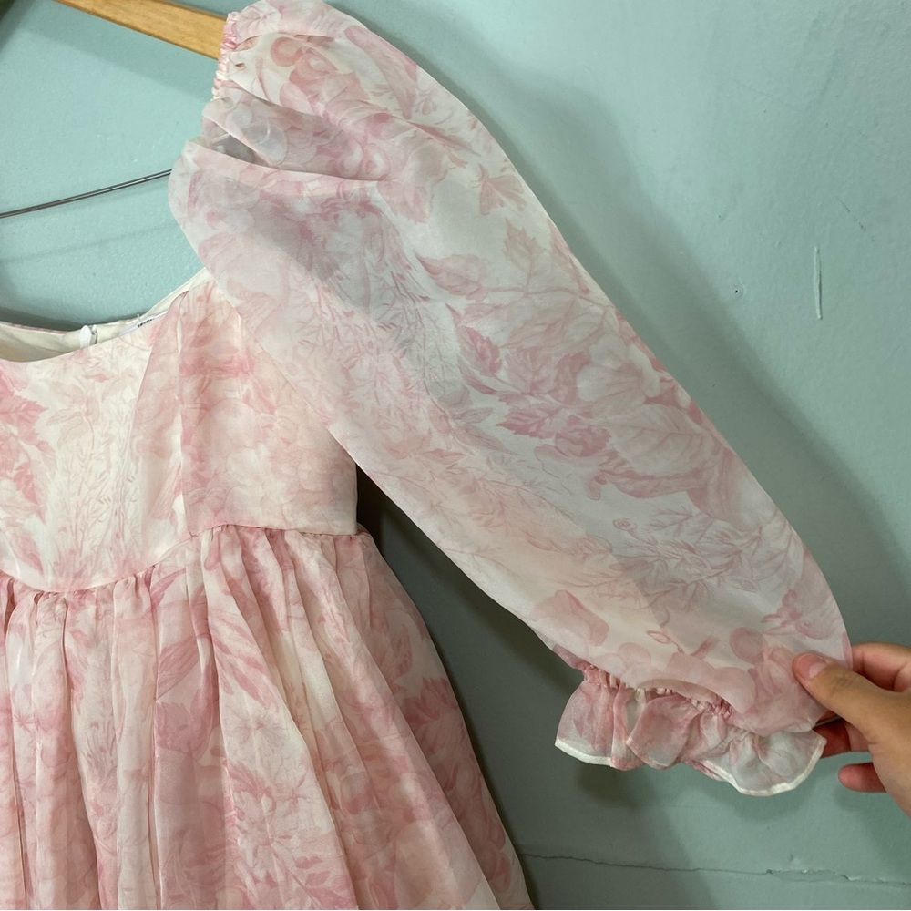Selkie Puff Sleeve Organza Mini Babydoll Dress Pink Floral Medium - Picture 7 of 10